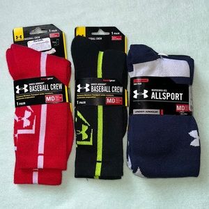 4 New Under Armour Men’s MD 4 - 8 1/2 Baseball Crew All-sport Socks NWT